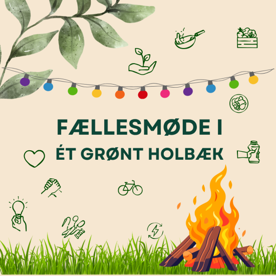 Grafik med græs i bunden, en gren med blade i øverste højre hjørne og en masse ikoner der symboliserer grøn omstilling. Så er der bålgrafik nederst til højre og en farvet lyskæde henover hele grafikken lige over midten.