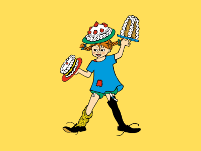 Pippi balancerer kagefade på hovedet og i hænderne. 