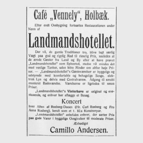 Annonce for Camillo Andersens nye beværtning Landmandshotellet.