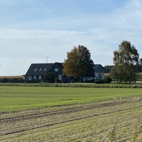 Farvefoto af gård med marker foran